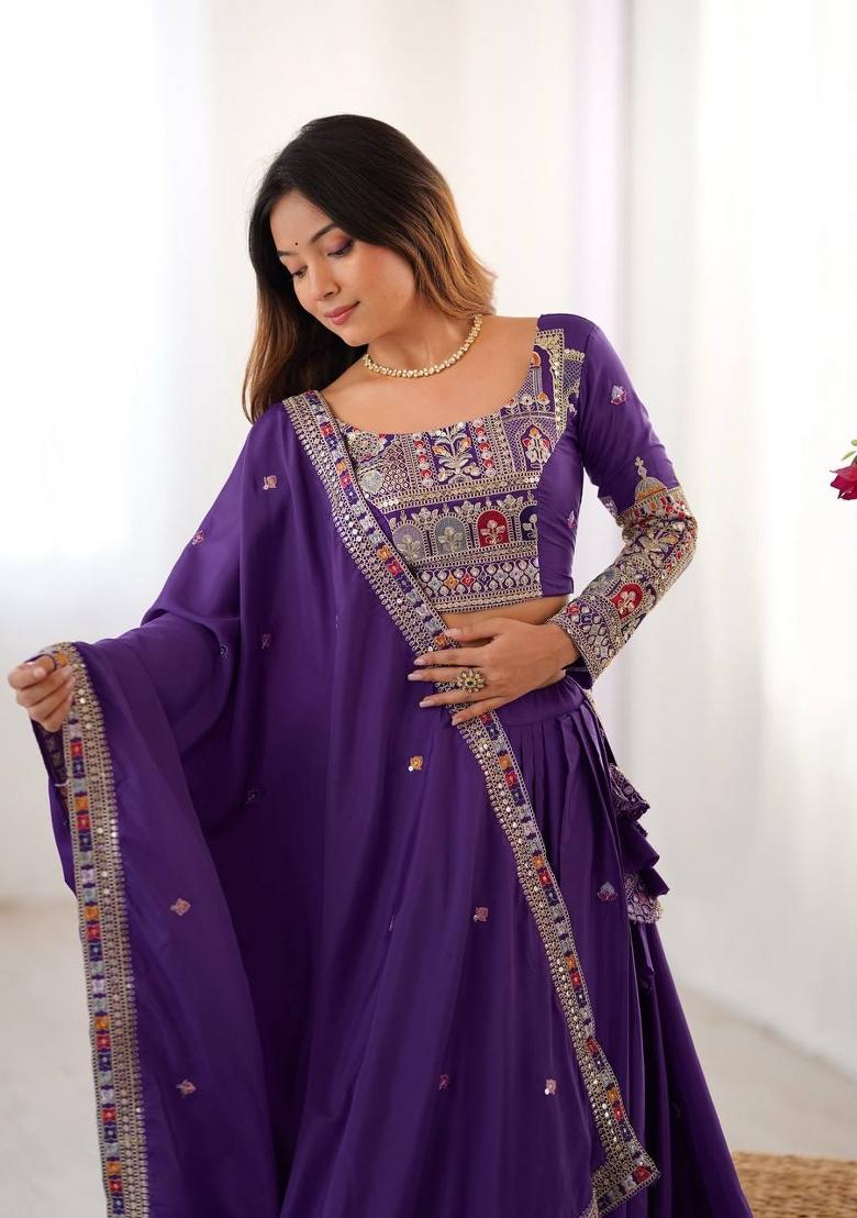 Purple embroidered Viscose Lehenga Set With Dupatta