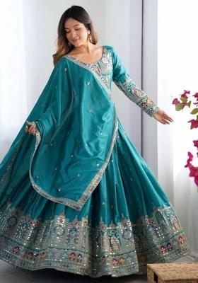 Teal Blue embroidered Viscose Lehenga Set With Dupatta