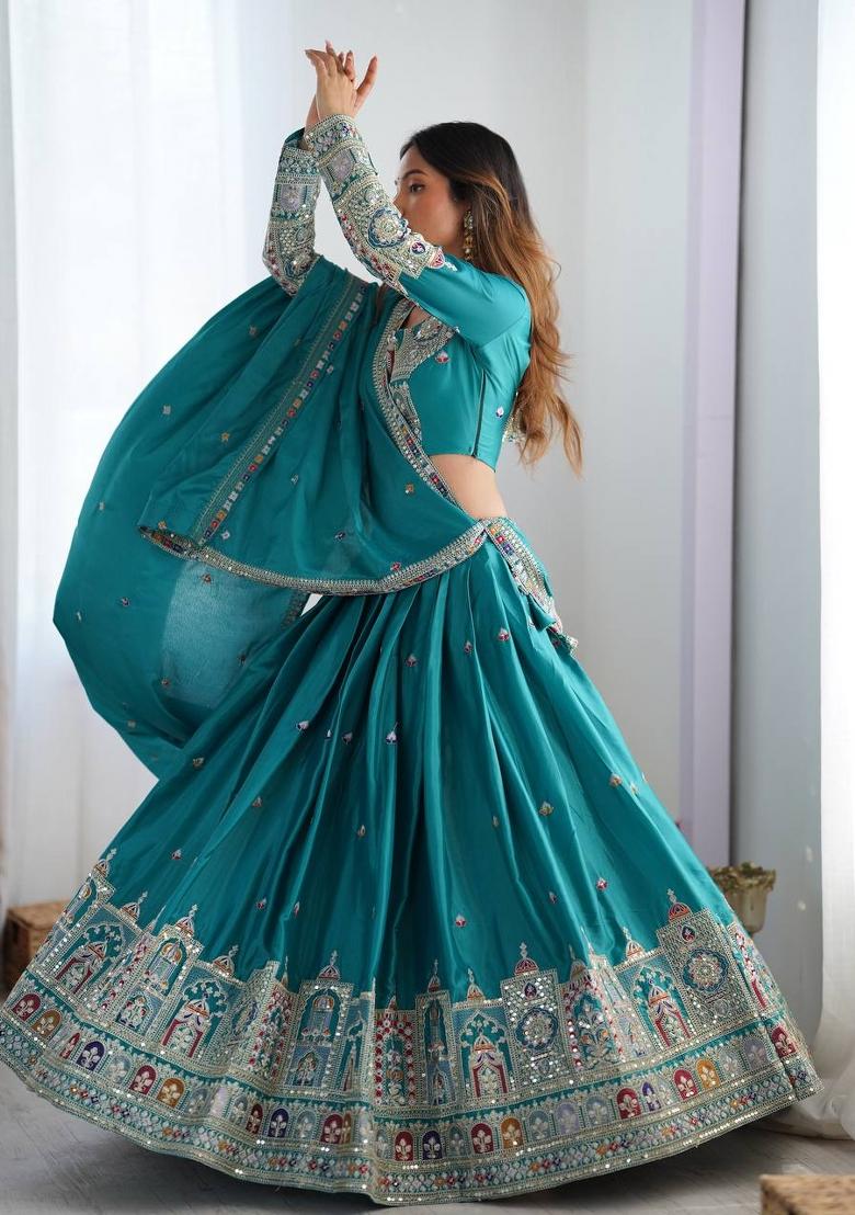 Teal Blue embroidered Viscose Lehenga Set With Dupatta