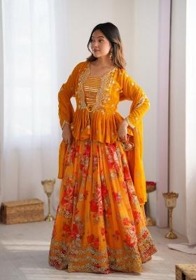Yellow embroidered Georgette Lehenga Set With Dupatta