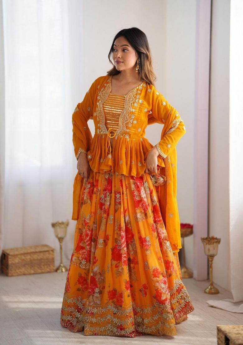Yellow embroidered Georgette Lehenga Set With Dupatta
