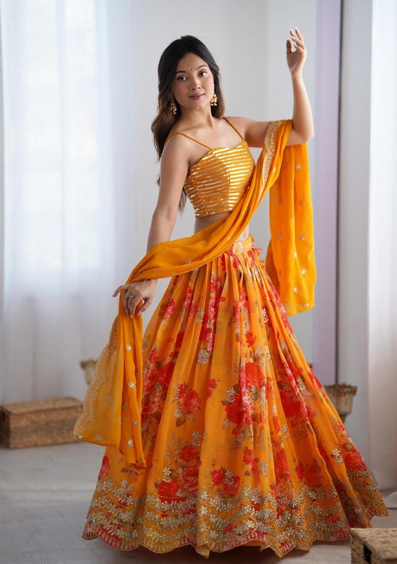 Yellow embroidered Georgette Lehenga Set With Dupatta