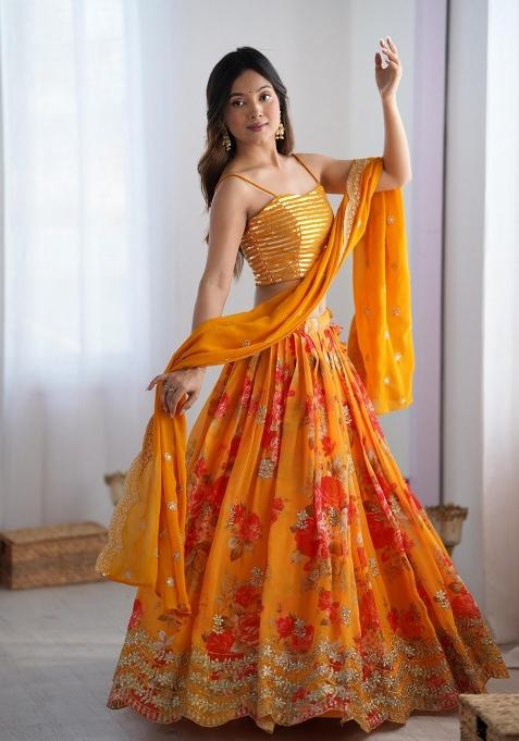 Yellow embroidered Georgette Lehenga Set With Dupatta