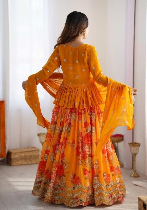 Yellow embroidered Georgette Lehenga Set With Dupatta