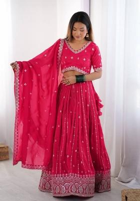 Pink embroidered Viscose Lehenga Set With Dupatta