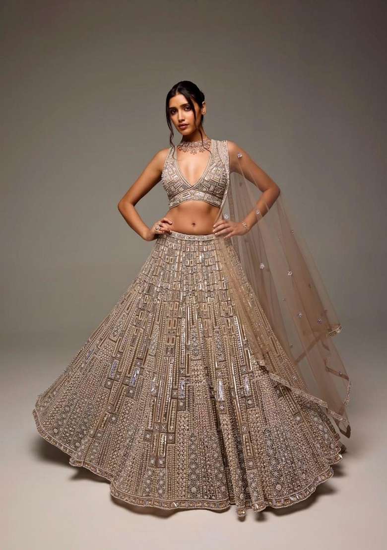 Beige With Dupatta Net Lehenga Set with embroidered for Diwali | Wedding & Festive Wear - Indya
