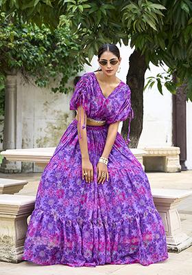 Purple Floral Print Tussar Silk Lehenga Set