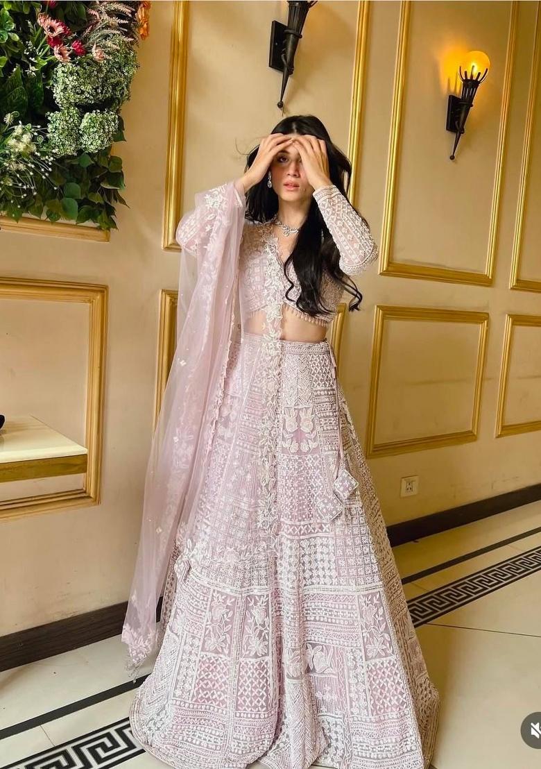 Lavender embroidered Net Lehenga Set With Dupatta