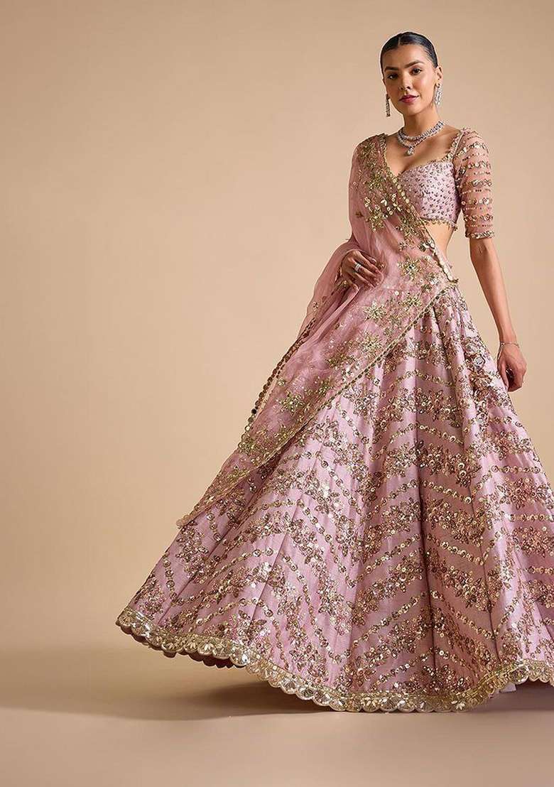 Pink embroidered Chinon Lehenga Set With Dupatta for Diwali and Festive Wear - Indya