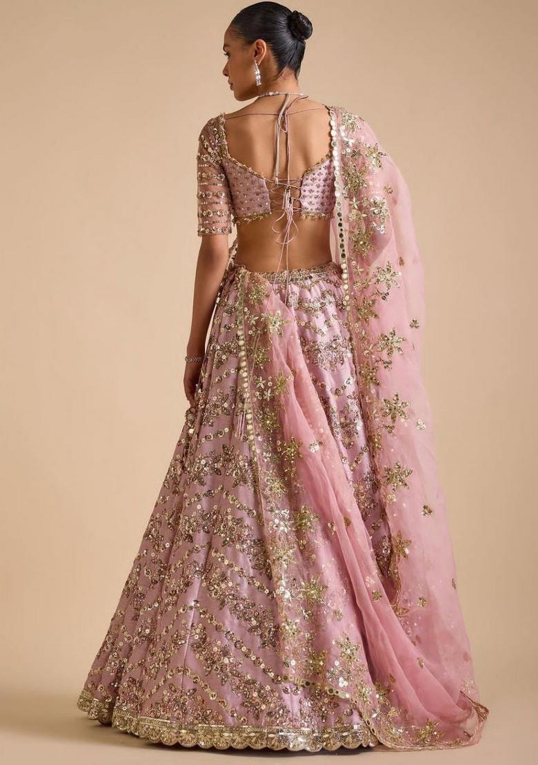 Pink embroidered Chinon Lehenga Set With Dupatta