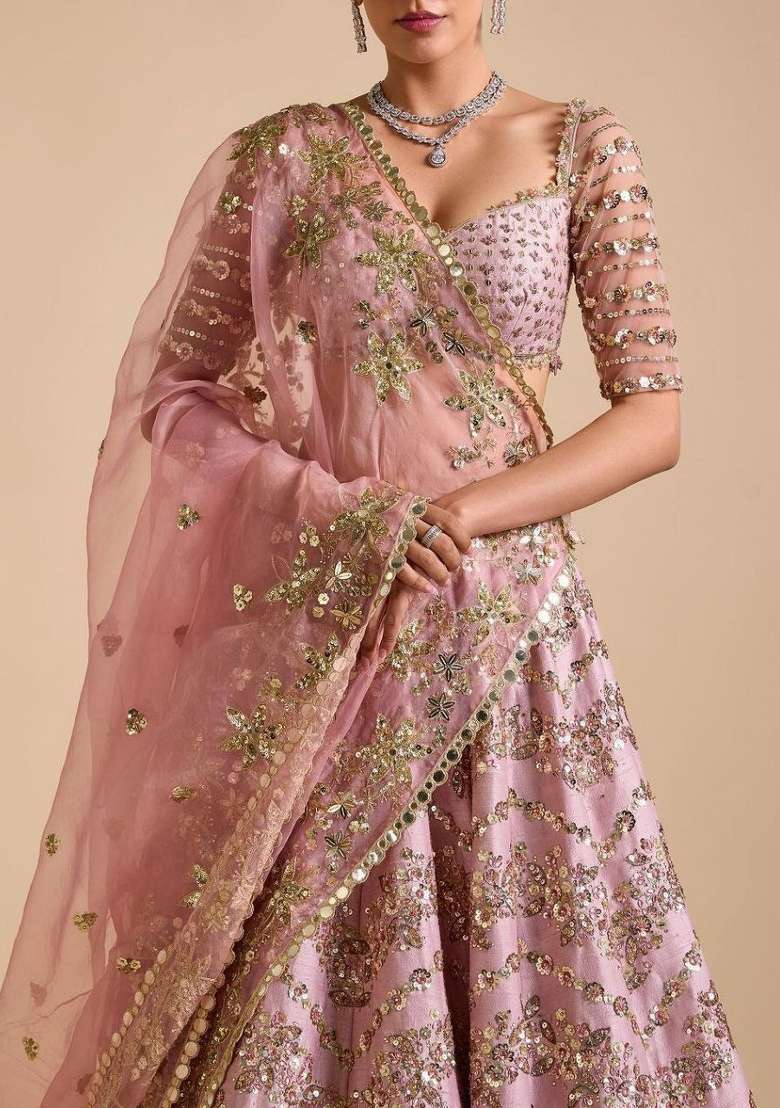 Pink embroidered Chinon Lehenga Set With Dupatta for Diwali and Festive Wear - Indya
