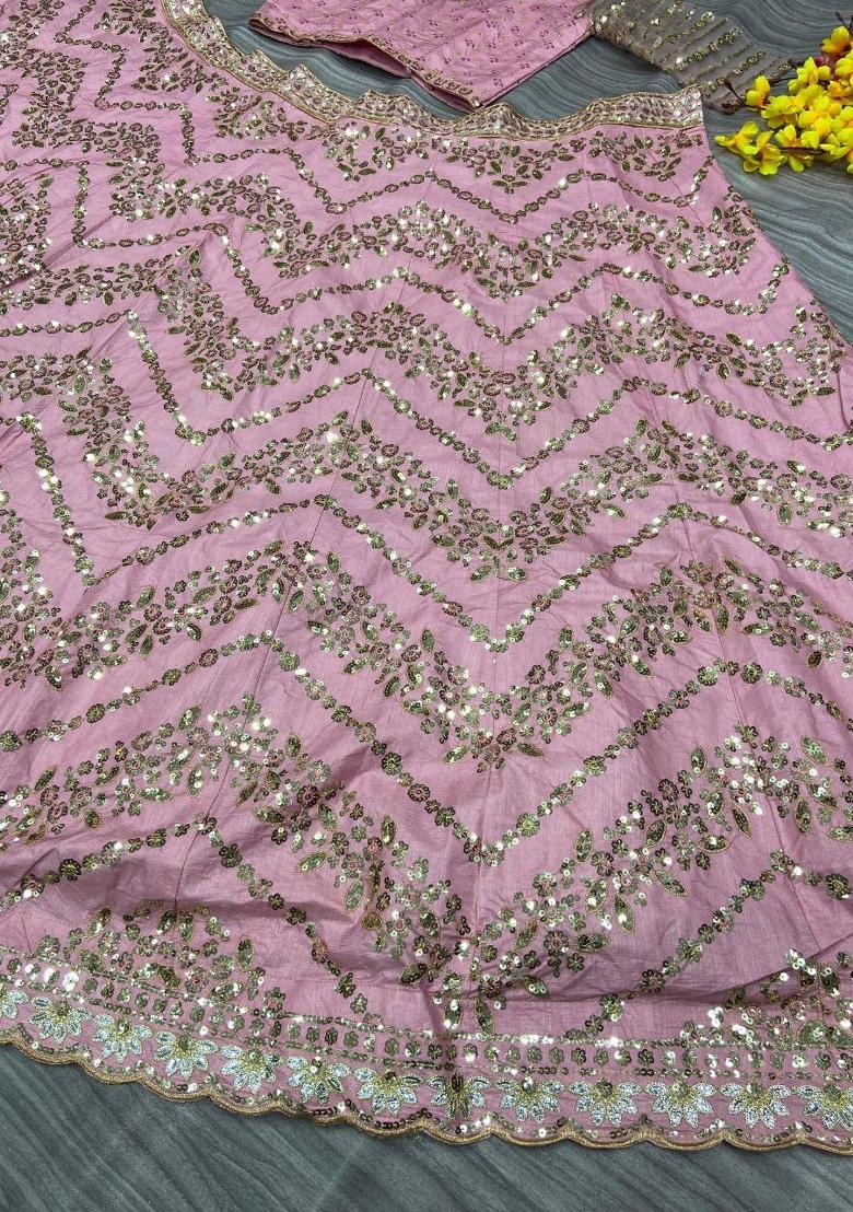 Pink embroidered Chinon Lehenga Set With Dupatta