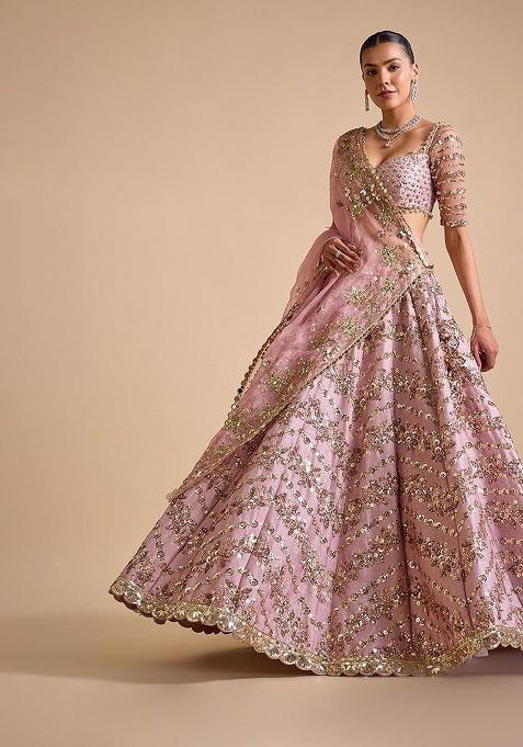 Pink embroidered Chinon Lehenga Set With Dupatta