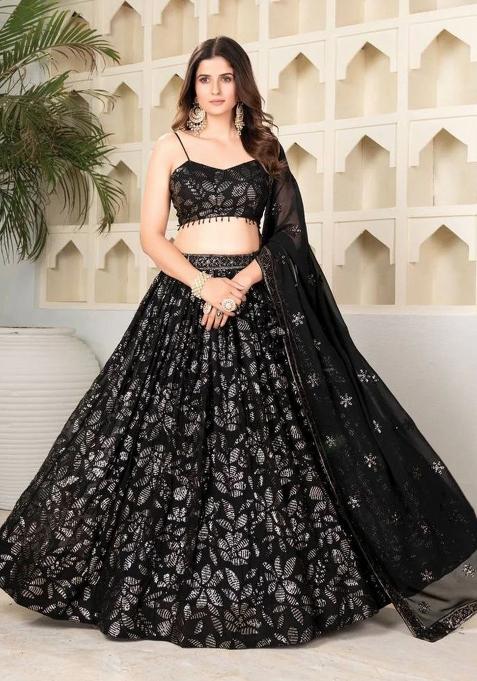 Black embroidered Georgette Lehenga Set With Dupatta