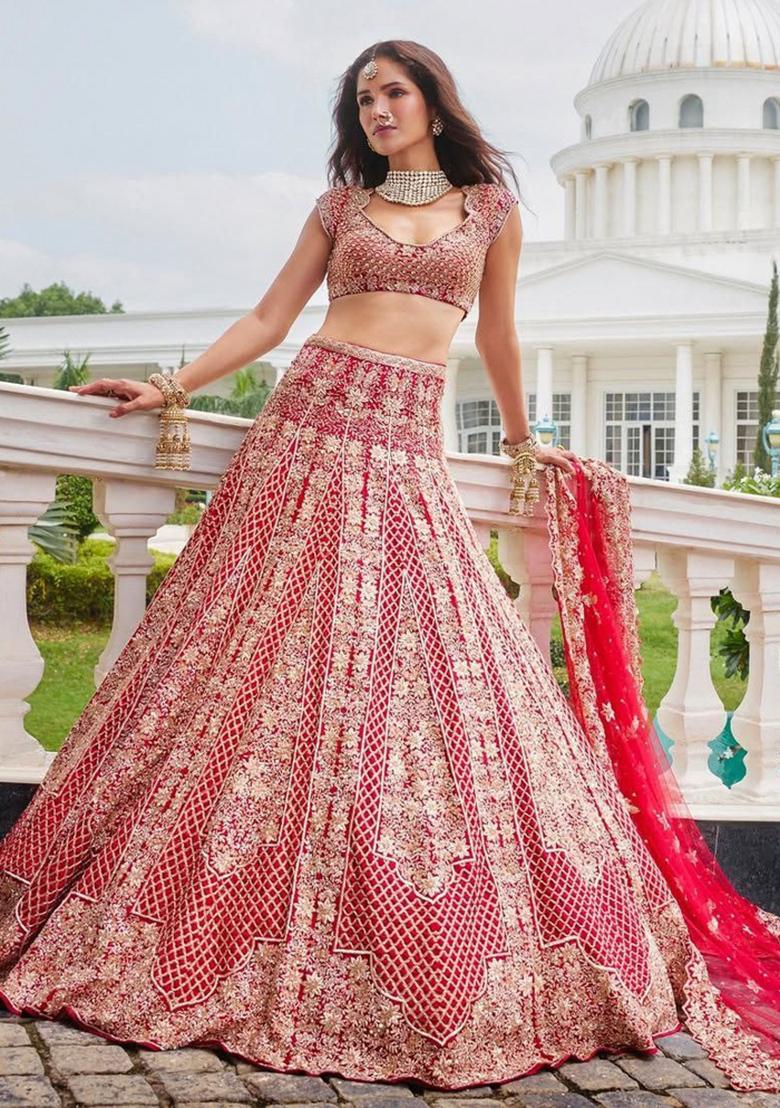Red embroidered Satin Lehenga Set With Dupatta