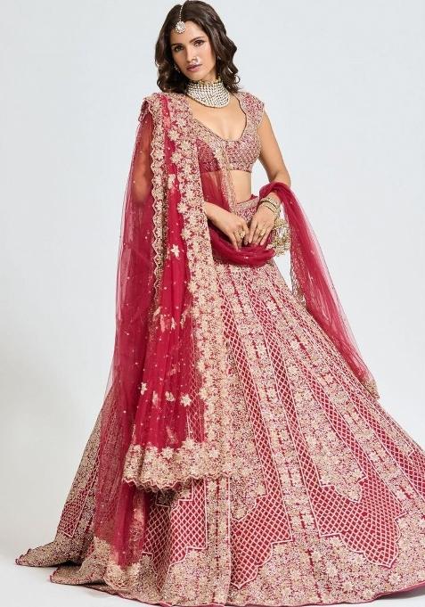 Red embroidered Satin Lehenga Set With Dupatta