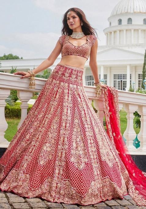Red embroidered Satin Lehenga Set With Dupatta