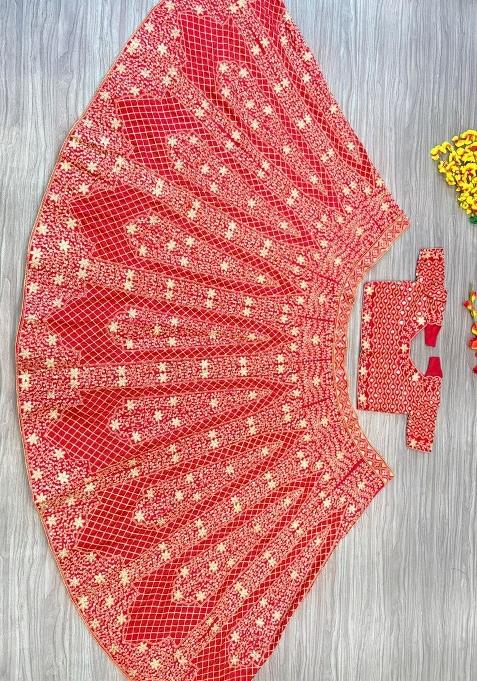 Red embroidered Satin Lehenga Set With Dupatta