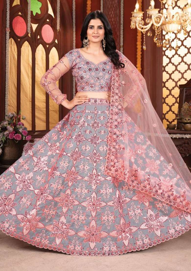 Grey With Dupatta Viscose Lehenga Set with embroidered for Diwali | Wedding & Festive Wear - Indya