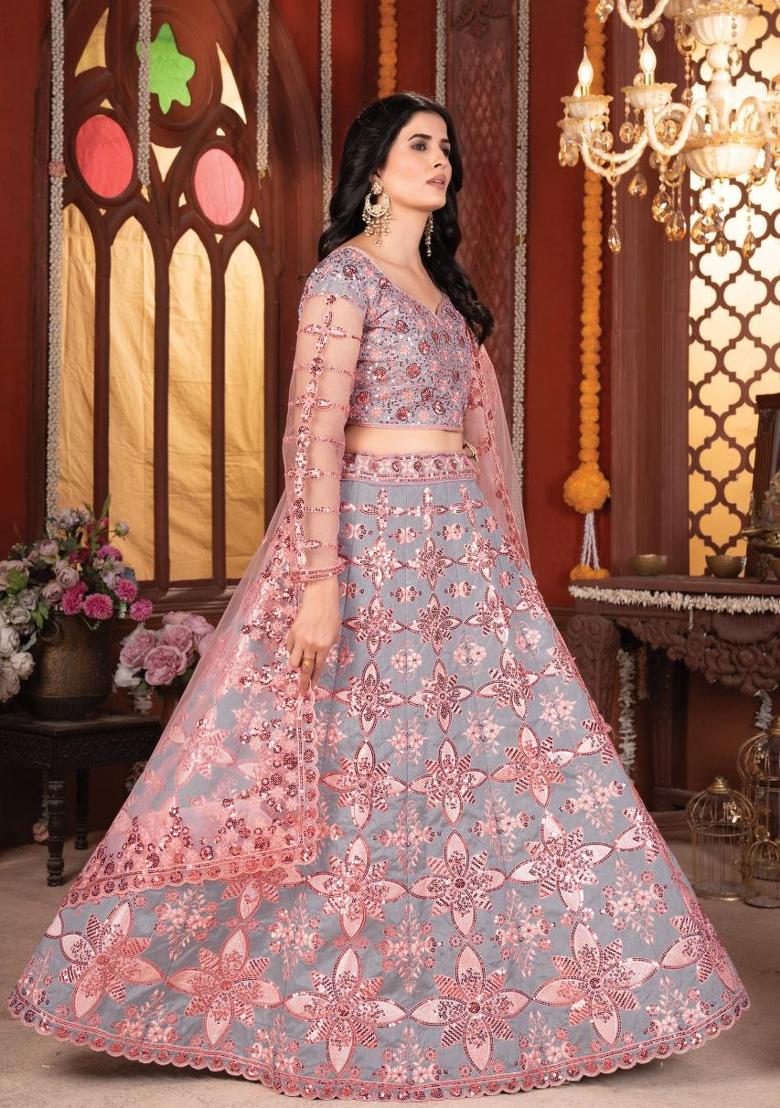 Grey embroidered Viscose Lehenga Set With Dupatta