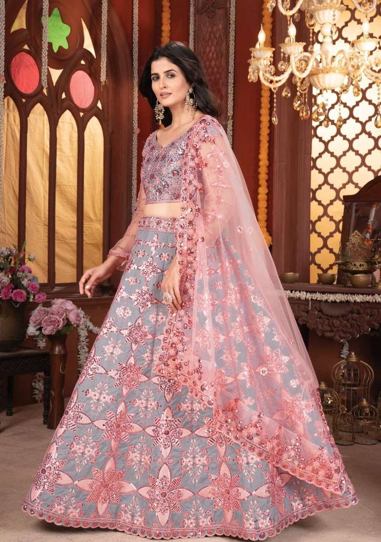 Grey With Dupatta Viscose Lehenga Set with embroidered for Diwali | Wedding & Festive Wear - Indya