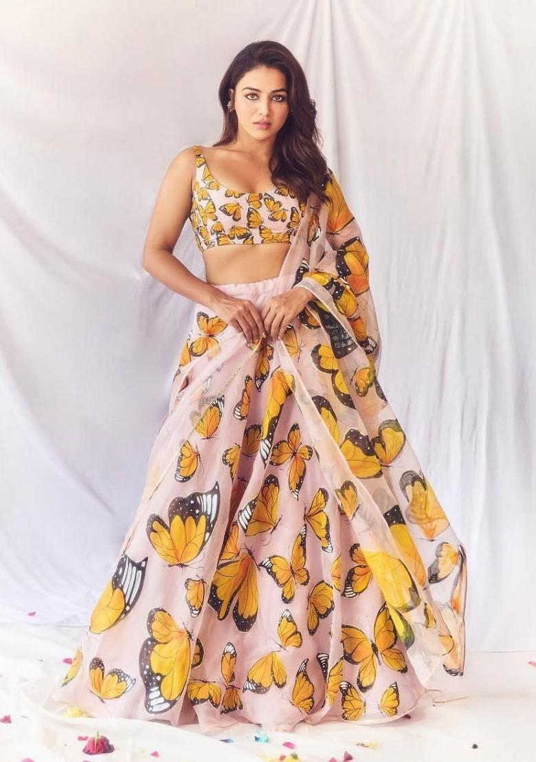 Peach embroidered Viscose Lehenga Set With Dupatta