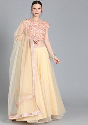 Cream Embroidered Net Lehenga Set
