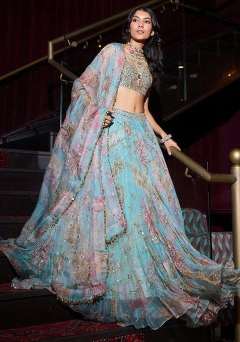 Sky embroidered Viscose Lehenga Set With Dupatta