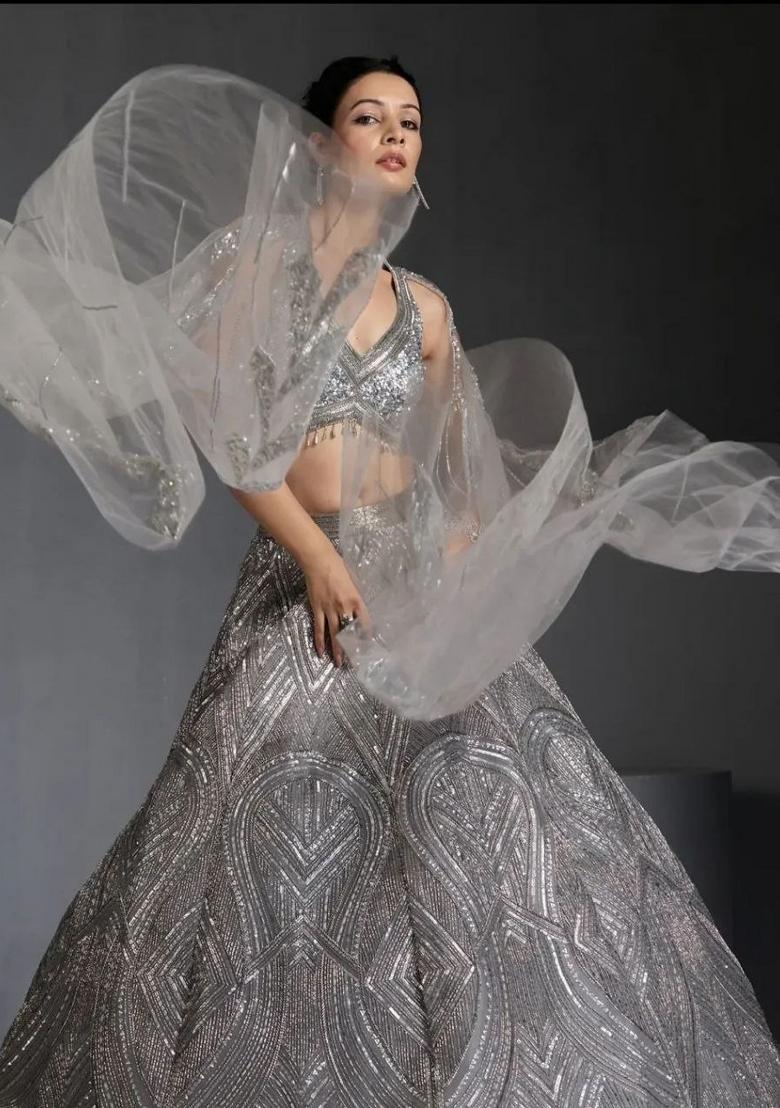 Grey embroidered Georgette Lehenga Set With Dupatta