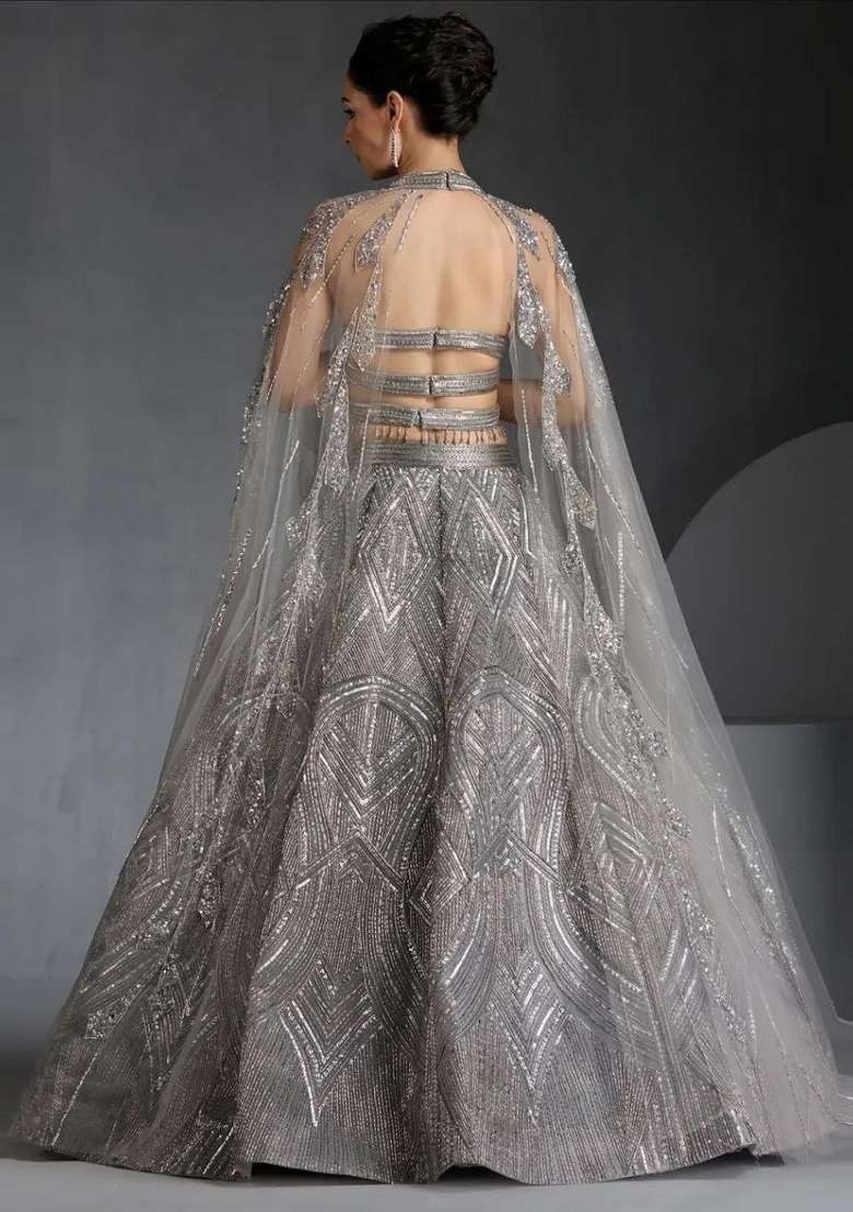 Grey With Dupatta Georgette Lehenga Set with embroidered for Diwali | Wedding & Festive Wear - Indya