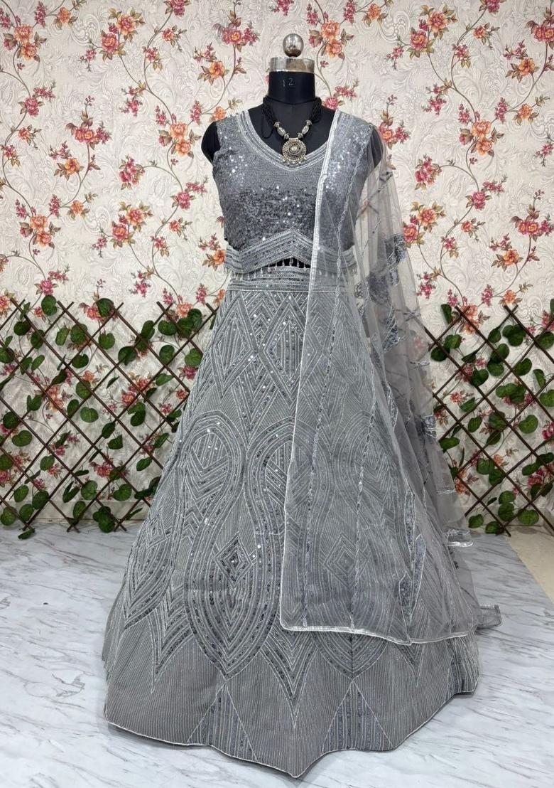 Grey embroidered Georgette Lehenga Set With Dupatta