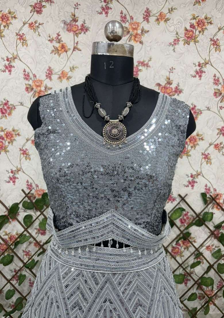 Grey With Dupatta Georgette Lehenga Set with embroidered for Diwali | Wedding & Festive Wear - Indya