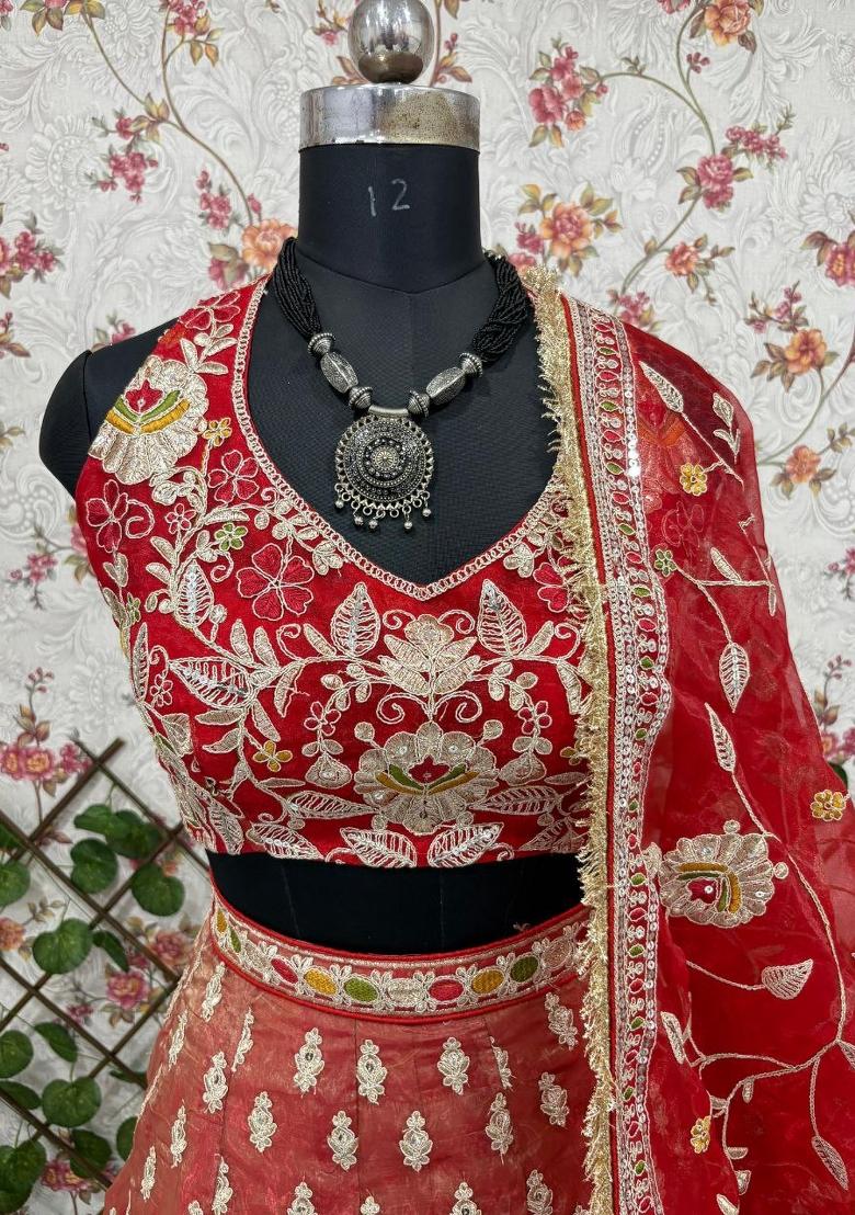 Orange embroidered Viscose Lehenga Set With Dupatta