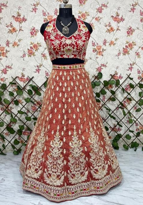 Orange embroidered Viscose Lehenga Set With Dupatta