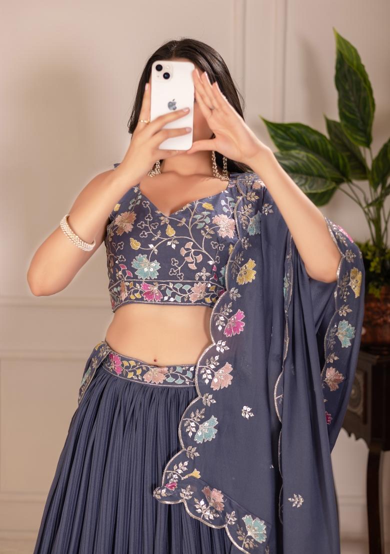 Grey embroidered Georgette Lehenga Set With Dupatta