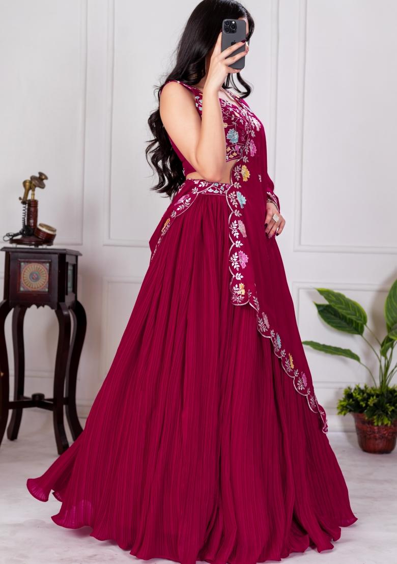 Red embroidered Georgette Lehenga Set With Dupatta