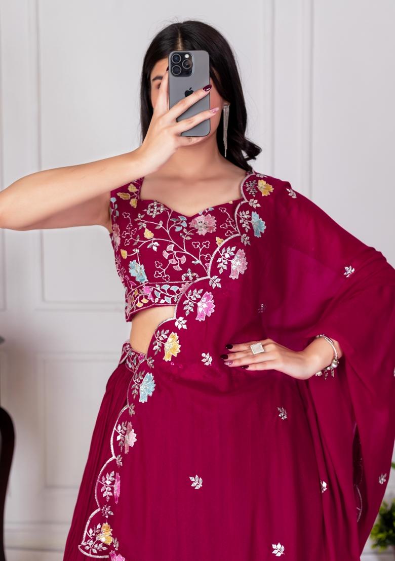 Red embroidered Georgette Lehenga Set With Dupatta