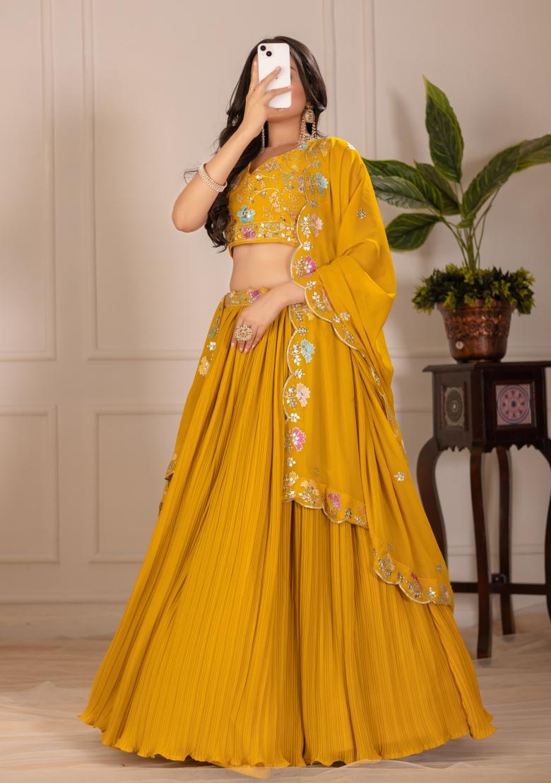Yellow embroidered Georgette Lehenga Set With Dupatta