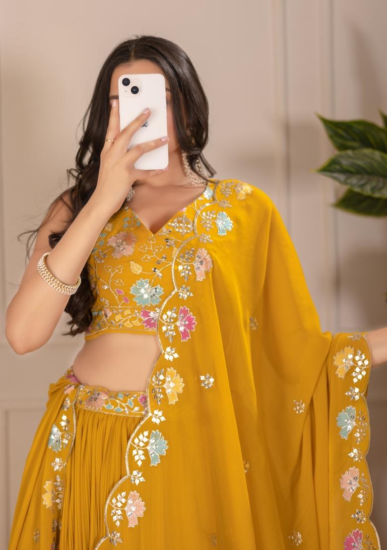 Yellow embroidered Georgette Lehenga Set With Dupatta