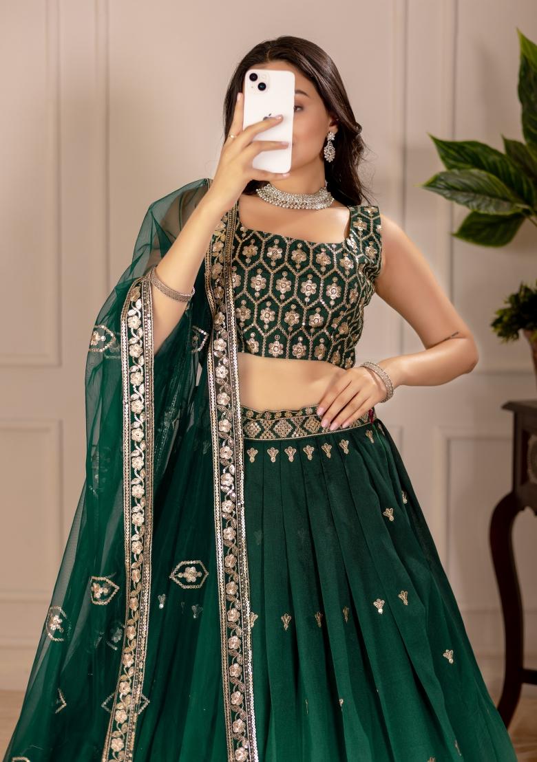 Green embroidered Viscose Lehenga Set With Dupatta