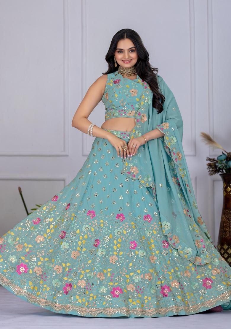 Firozi embroidered Georgette Lehenga Set With Dupatta