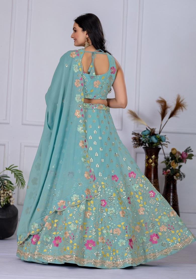Firozi embroidered Georgette Lehenga Set With Dupatta