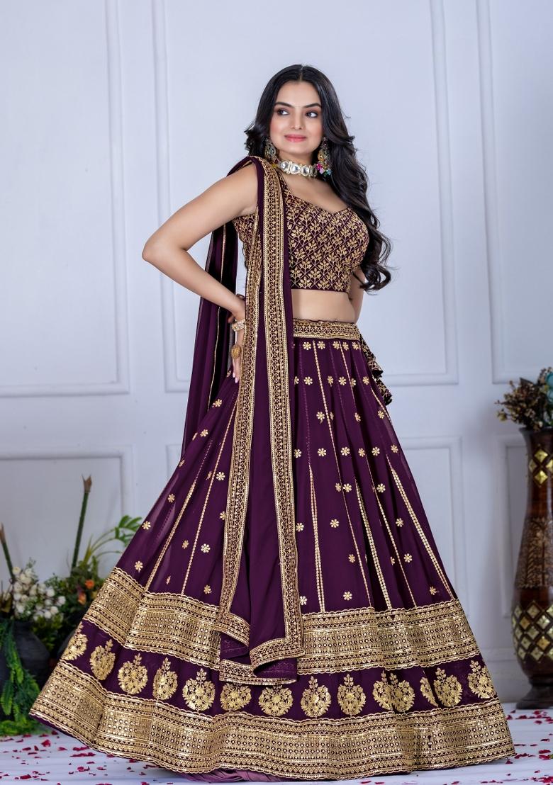 Wine embroidered Georgette Lehenga Set With Dupatta