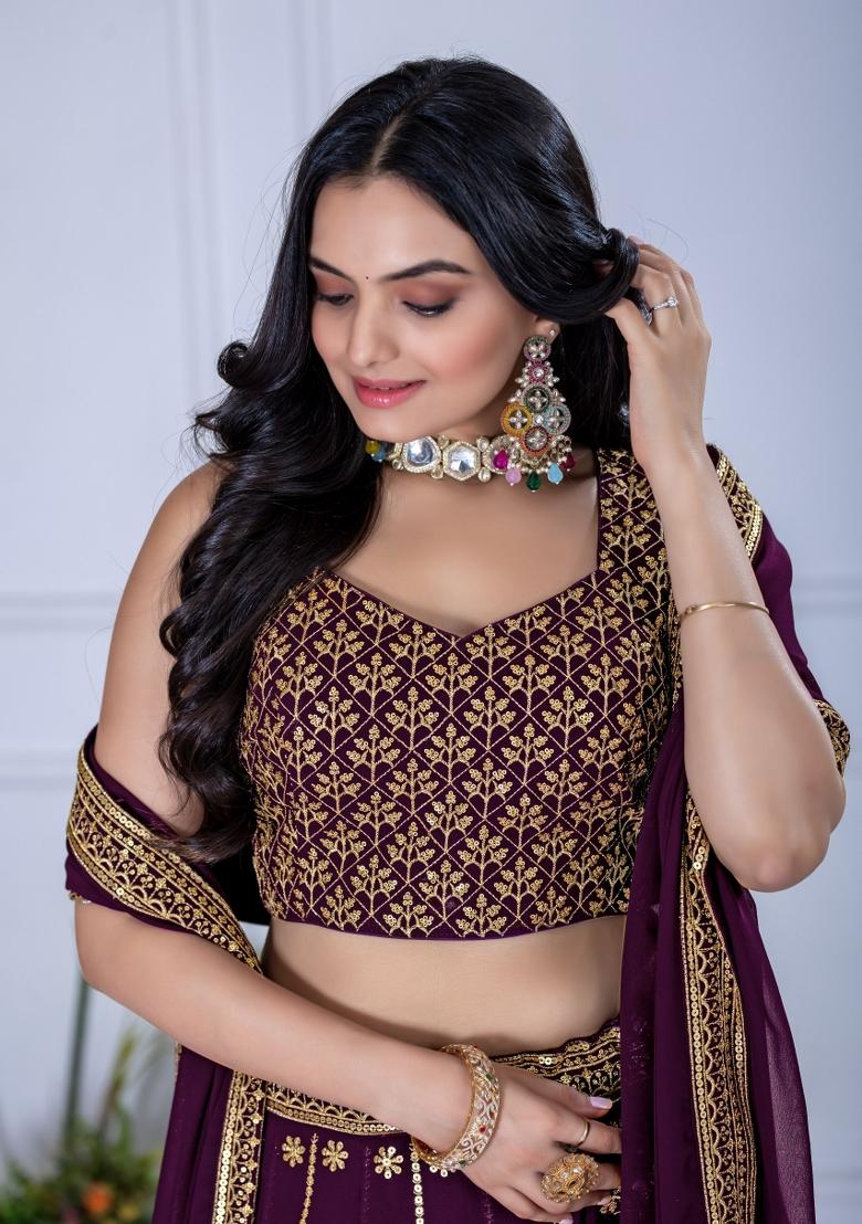 Wine embroidered Georgette Lehenga Set With Dupatta