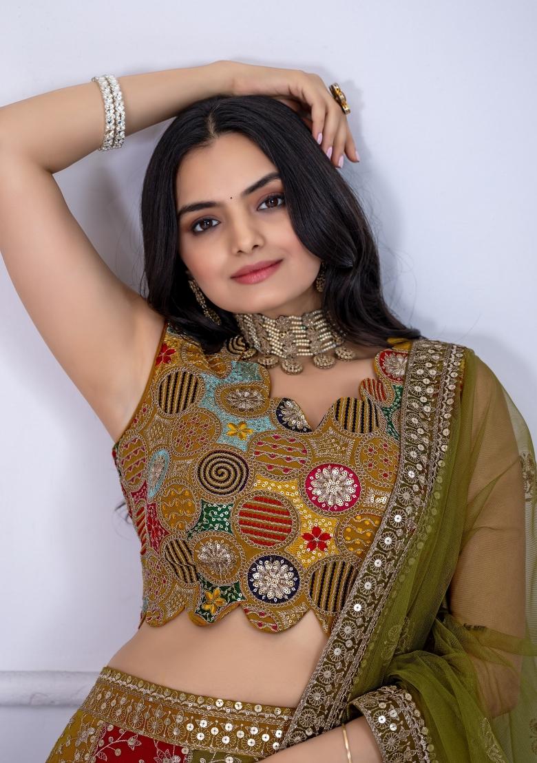 Multicolor embroidered Georgette Lehenga Set With Dupatta