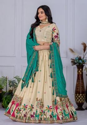 Firozi embroidered Chinon Lehenga Set With Dupatta