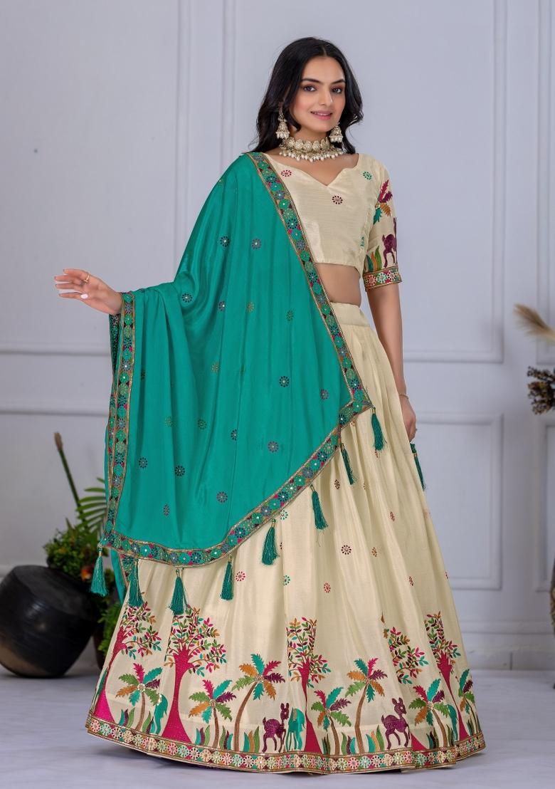 Firozi embroidered Chinon Lehenga Set With Dupatta