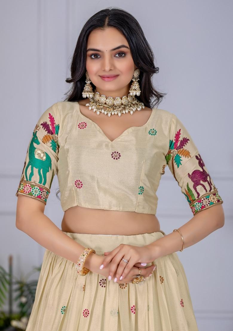 Firozi embroidered Chinon Lehenga Set With Dupatta