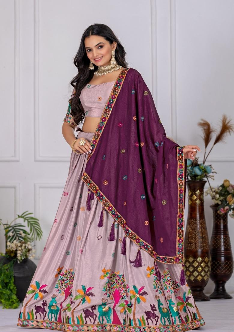 Wine embroidered Chinon Lehenga Set With Dupatta