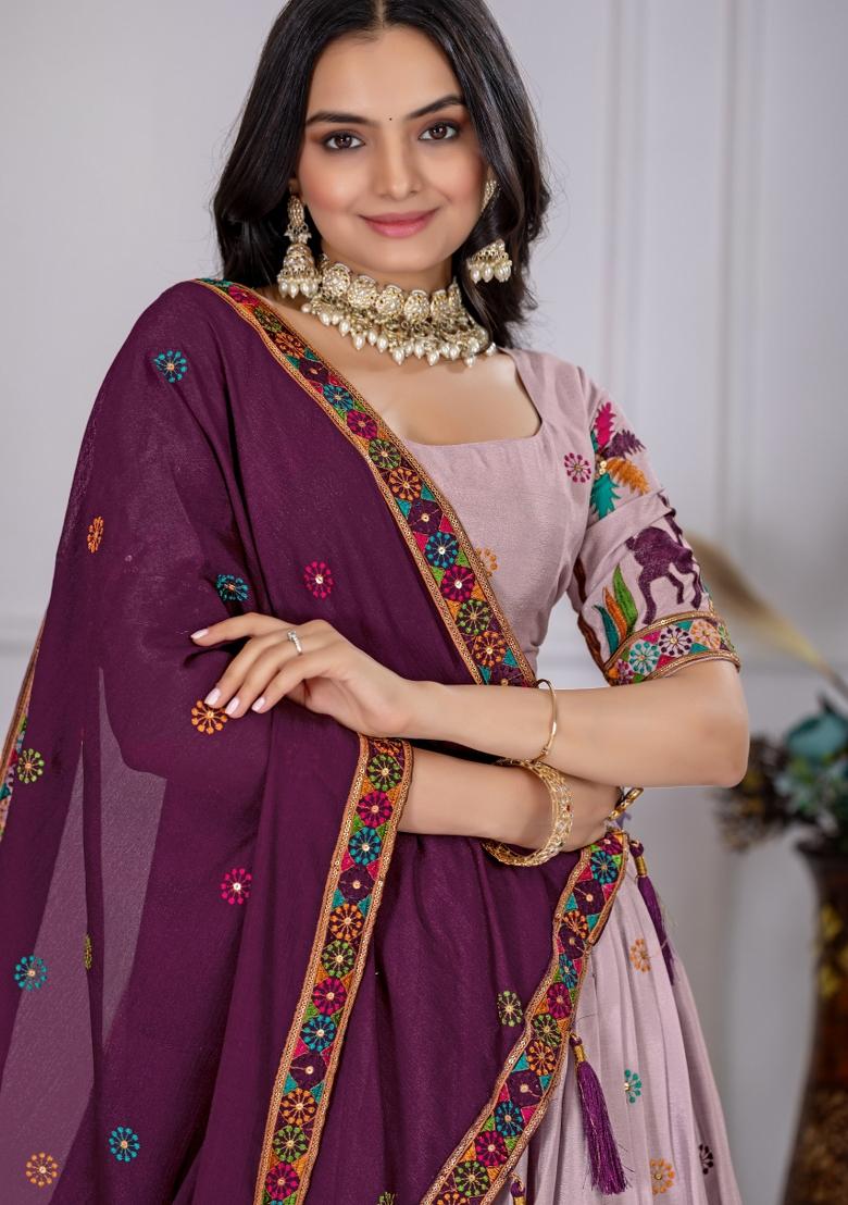 Wine embroidered Chinon Lehenga Set With Dupatta